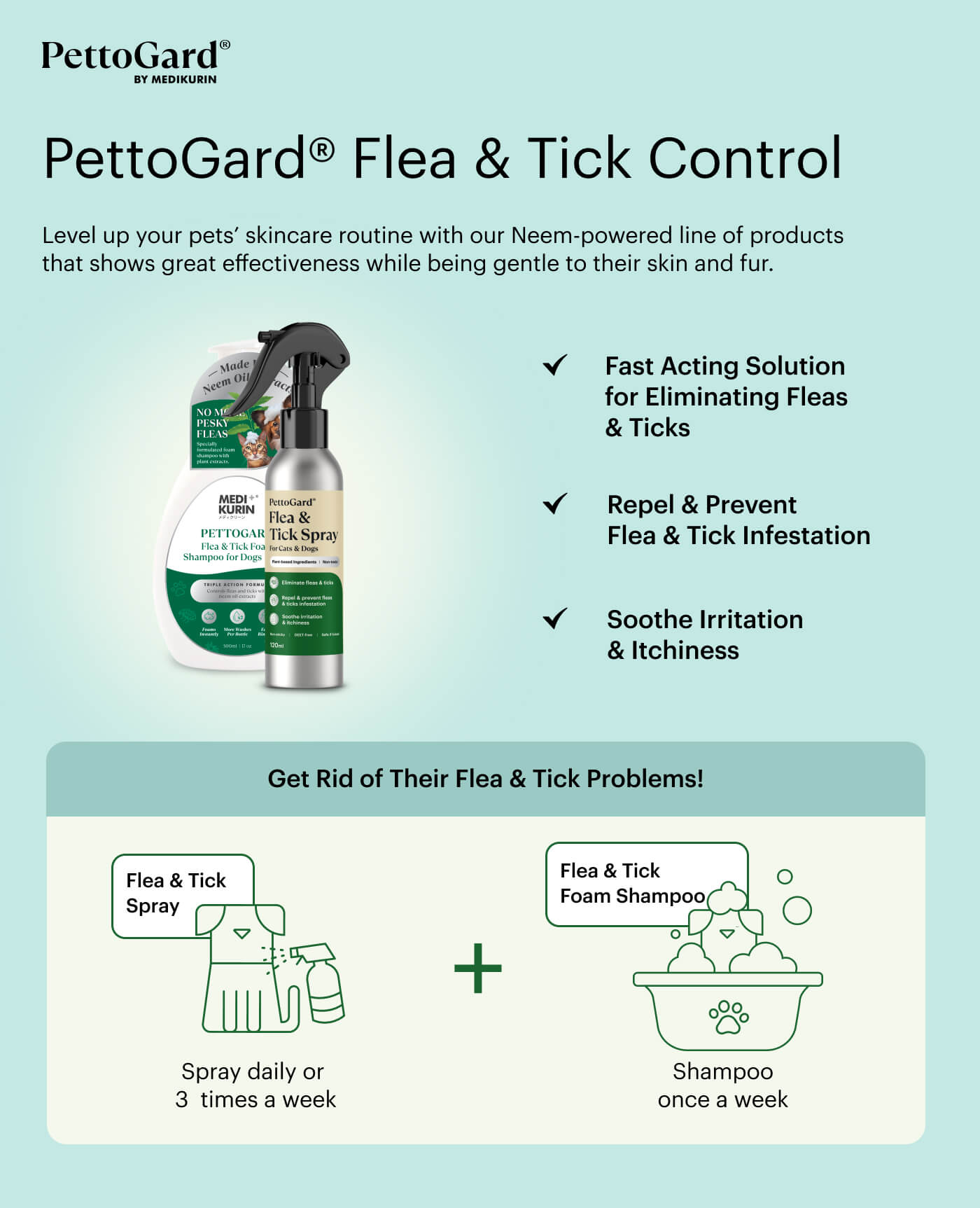 Use PettoGard Flea and Tick Spray and Flea and Tick Foam Shampoo together in your pet's skincare routine